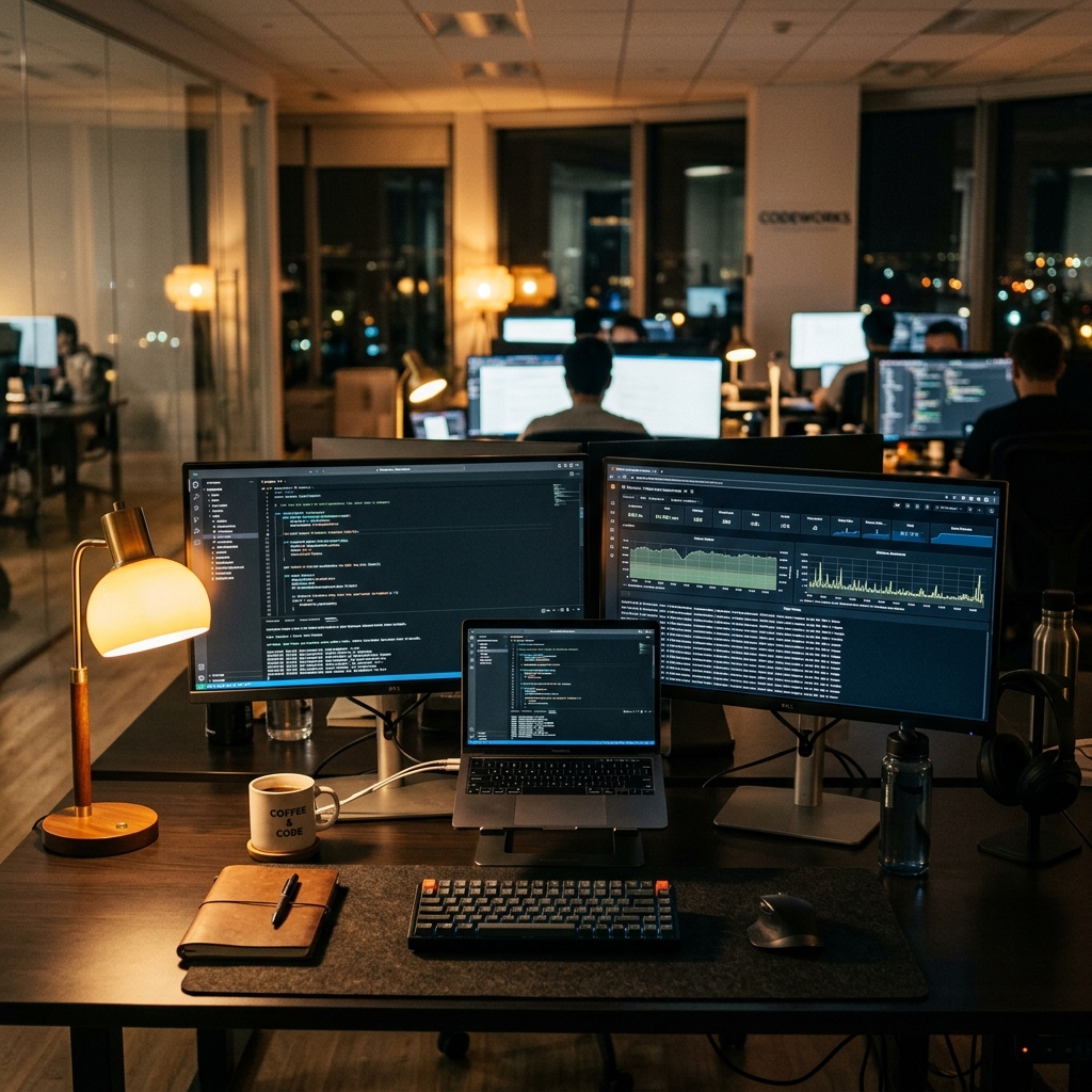 i Labs engineering workspace — dual monitors with code and dashboards